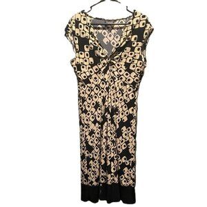 Liz Claiborne Black Cream Geometric Midi Dress Womens 12 Ruched Front